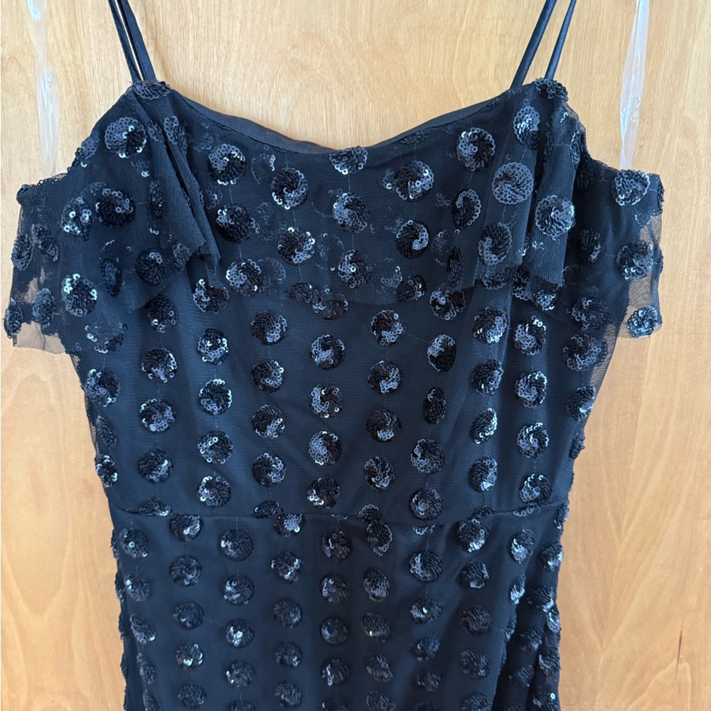 Three Pink Hearts black mini cocktail dress with sequin polka dots. Size XS.